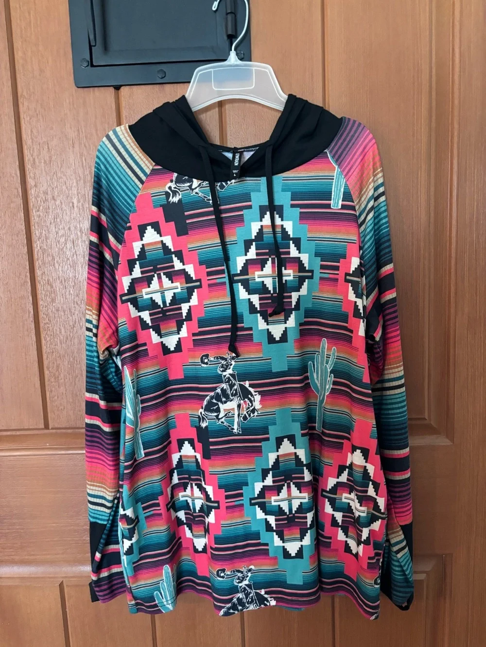 Crazy Train Aztec & Cactus Hooded Pullover in Pink, Teal & Black